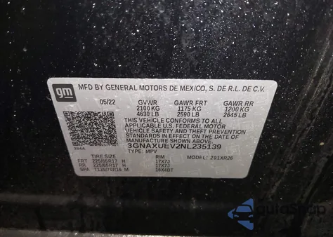 2022 Chevrolet Equinox Awd Lt z USA, uszkodzony, nr VIN 3GNAXUEV2NL235139